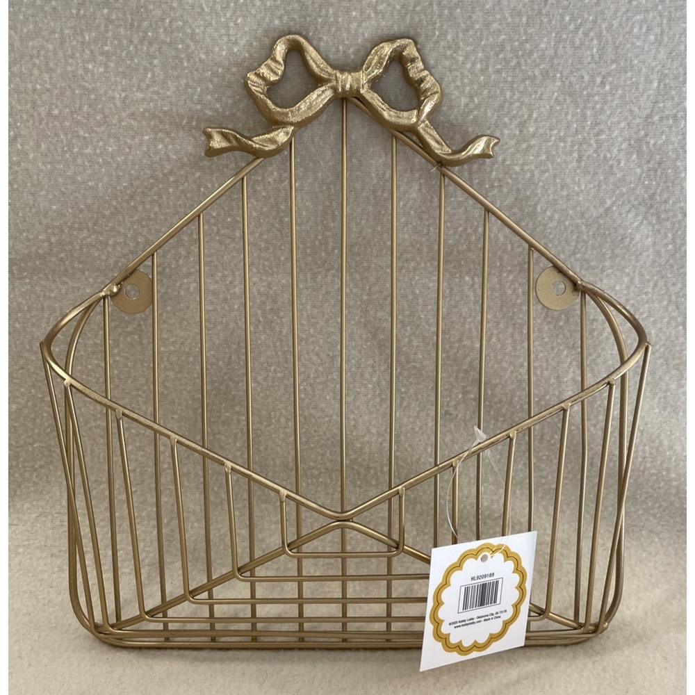 Gold Bow Top Envelope Wire Wall Mount Basket Organizing Hanging Mail Holder NEW